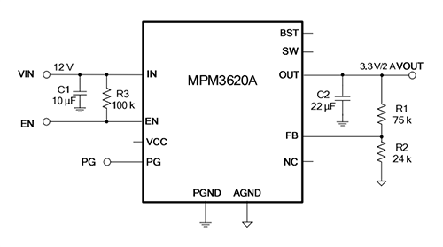 Application Circuit Diagram - Monolithic Power Systems (MPS) MPM3620A Synchronous Step-Down Converter